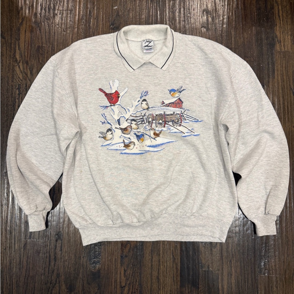 Vintage Gray Embroidered Bird Collar Sweatshirt